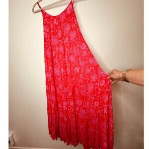 Lush Red & Pink Scoop Neck Open Tie Back Floral Print Boho Midi Sun dress S